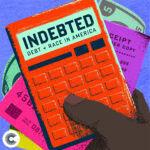 a stack of money, receipts, bills, and a calculator being held by a hand